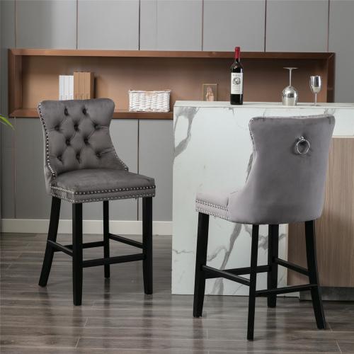 2 Piece Velvet Bar Stool With Button Tufted Trim And Wooden Legs