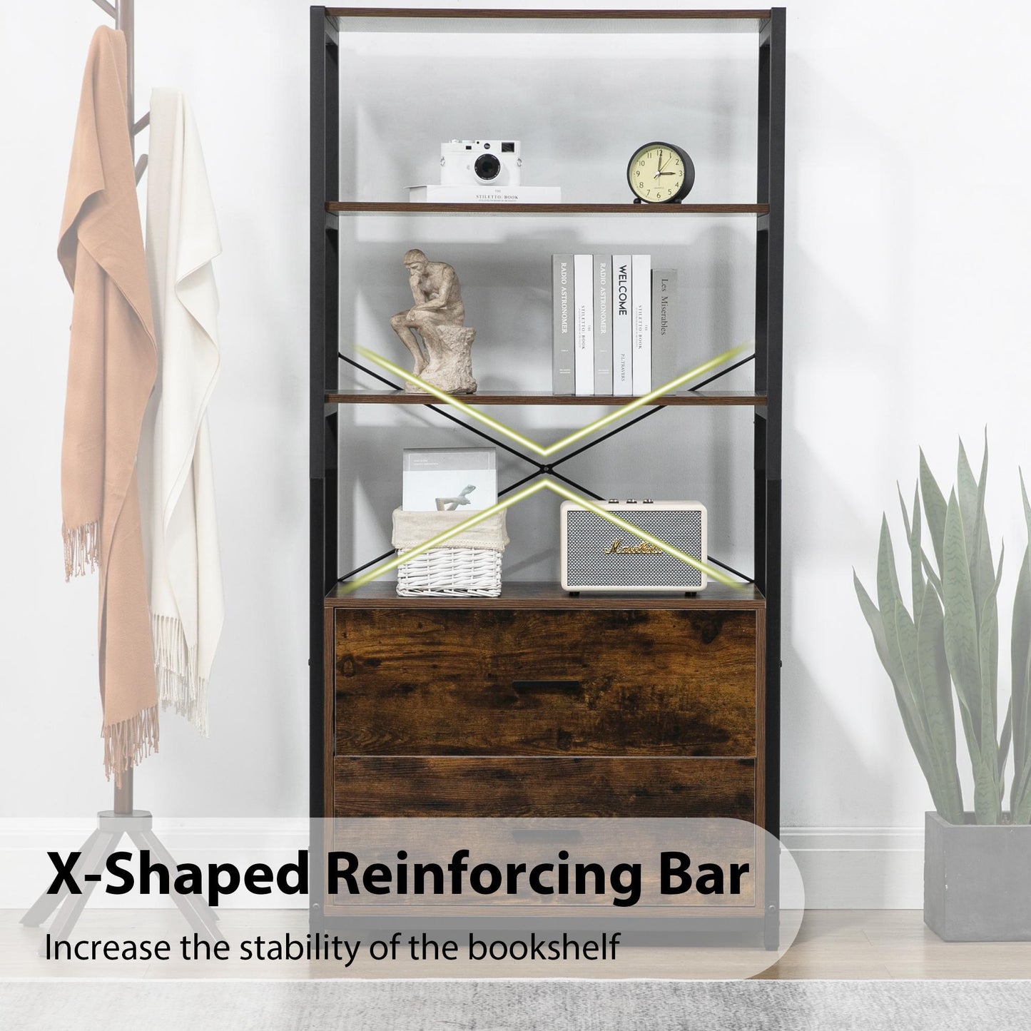 62.7 Inch High Bookshelf 4-Tier Industrial Bookcase with File Cabinet Drawers, Freestanding Storage Home Office Cabinet Organizer, Vintage Brown