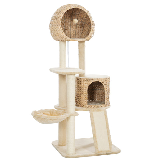 Cat Tree, 59-Inch Cat Tower for Indoor Cats, Plush Multi-Level Cat Condo with 2 Perches, 2 Caves, Cozy Basket and Scratching Board, Beige