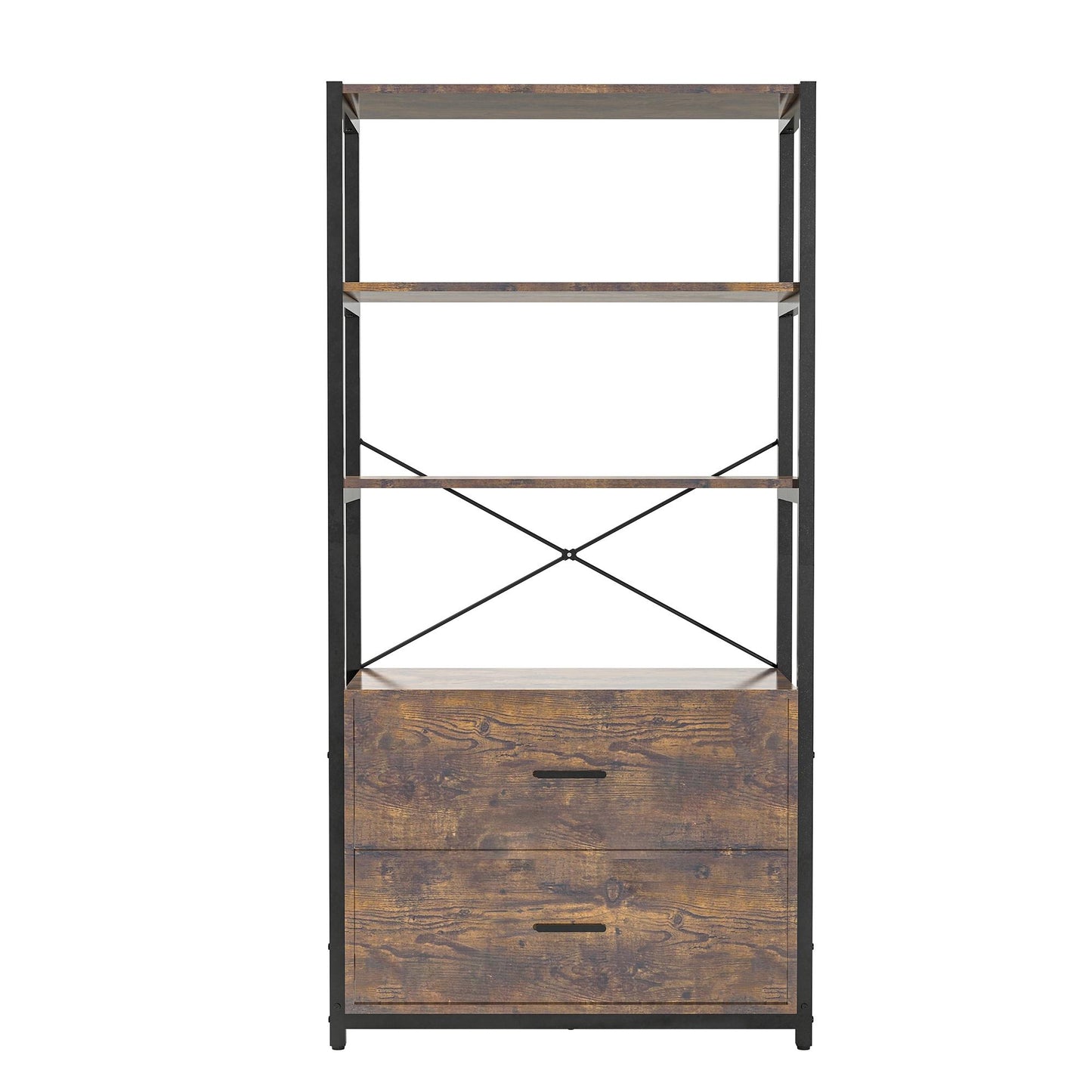 62.7 Inch High Bookshelf 4-Tier Industrial Bookcase with File Cabinet Drawers, Freestanding Storage Home Office Cabinet Organizer, Vintage Brown