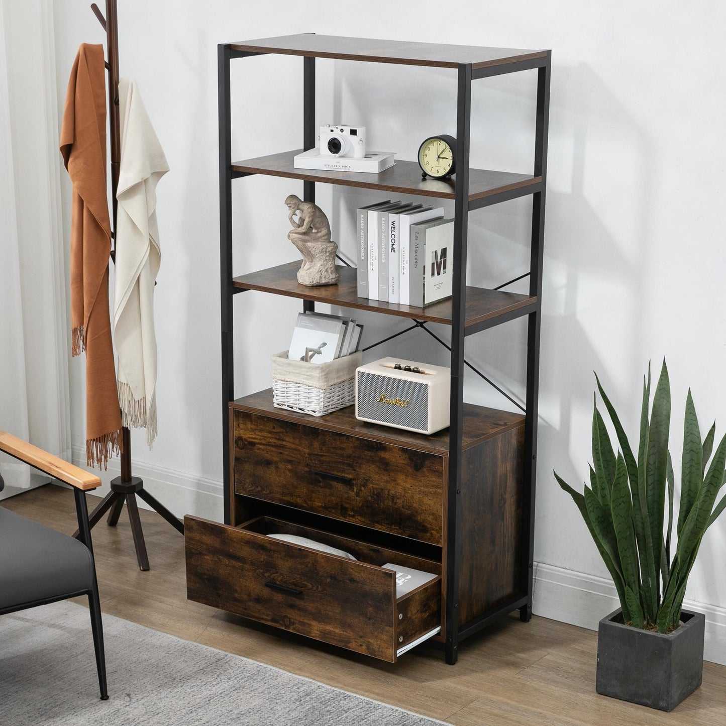 62.7 Inch High Bookshelf 4-Tier Industrial Bookcase with File Cabinet Drawers, Freestanding Storage Home Office Cabinet Organizer, Vintage Brown