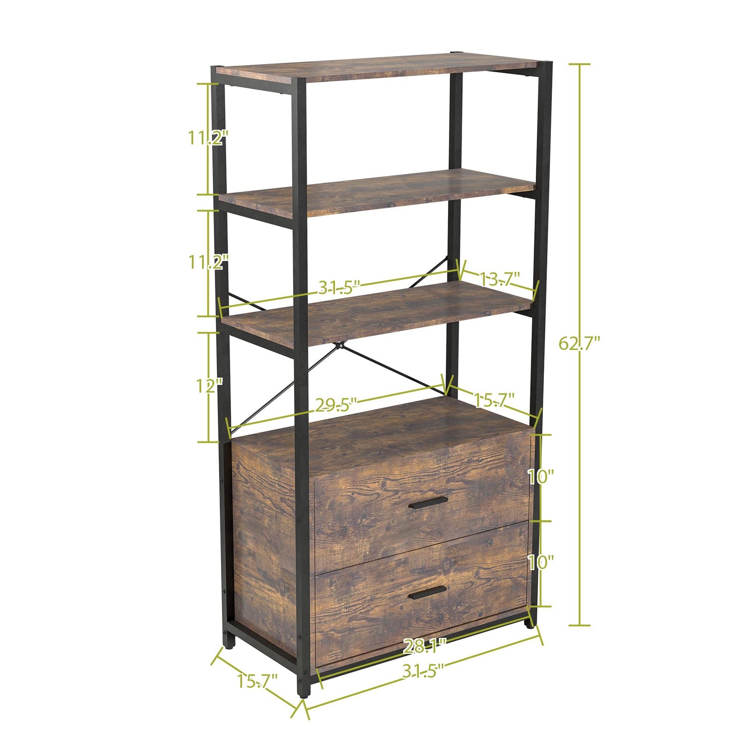 62.7 Inch High Bookshelf 4-Tier Industrial Bookcase with File Cabinet Drawers, Freestanding Storage Home Office Cabinet Organizer, Vintage Brown